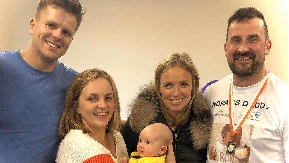 Jake Humphrey with Ross and Naomi Coniam and baby Ernie