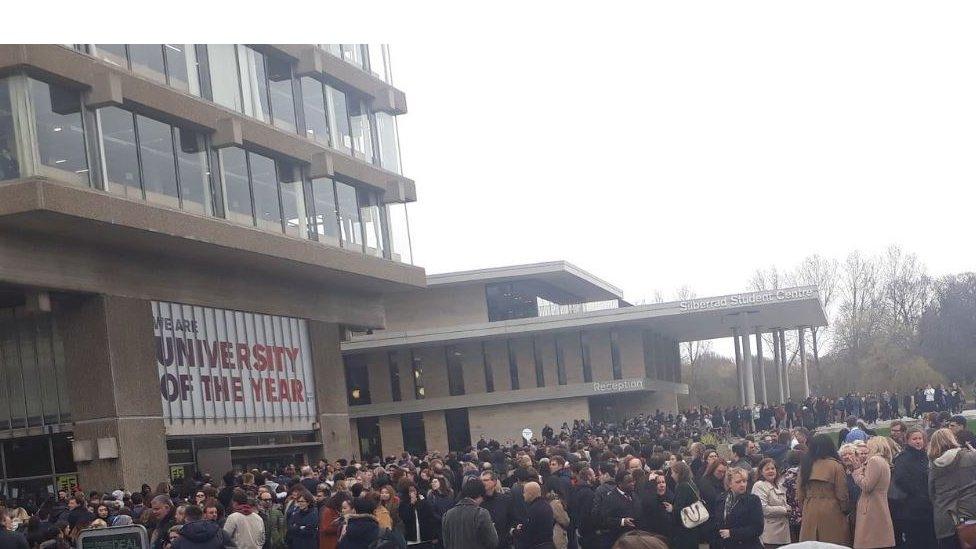 Students outside at University of Essex during the evacuation