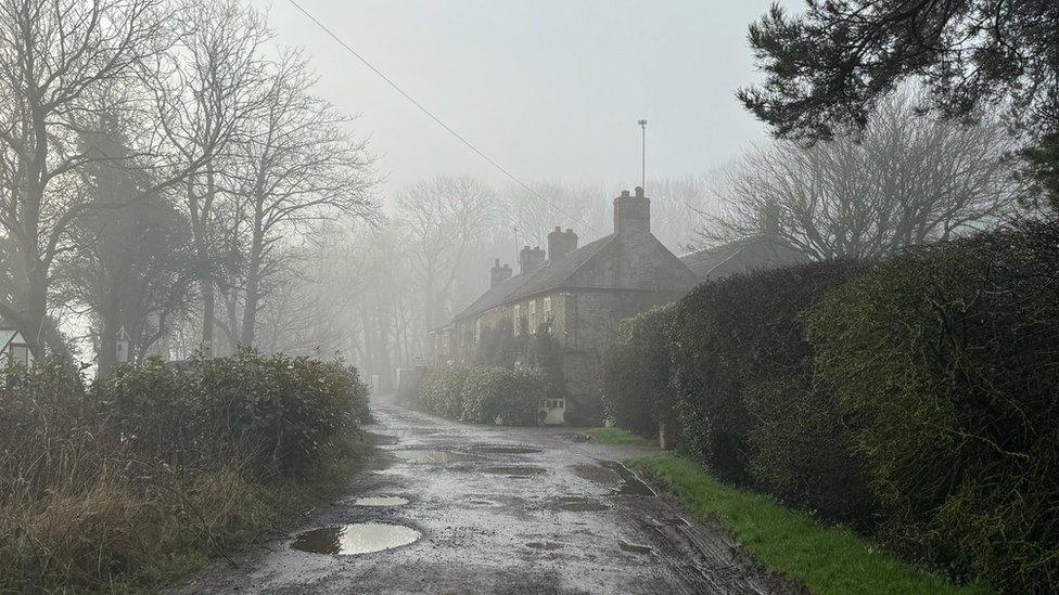 A misty, murky setting of a country lane and a short row of cottages