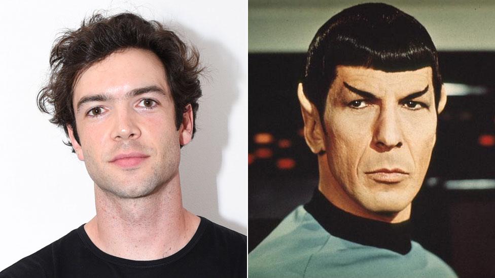 Ethan Peck and Leonard Nimoy as Mr Spock