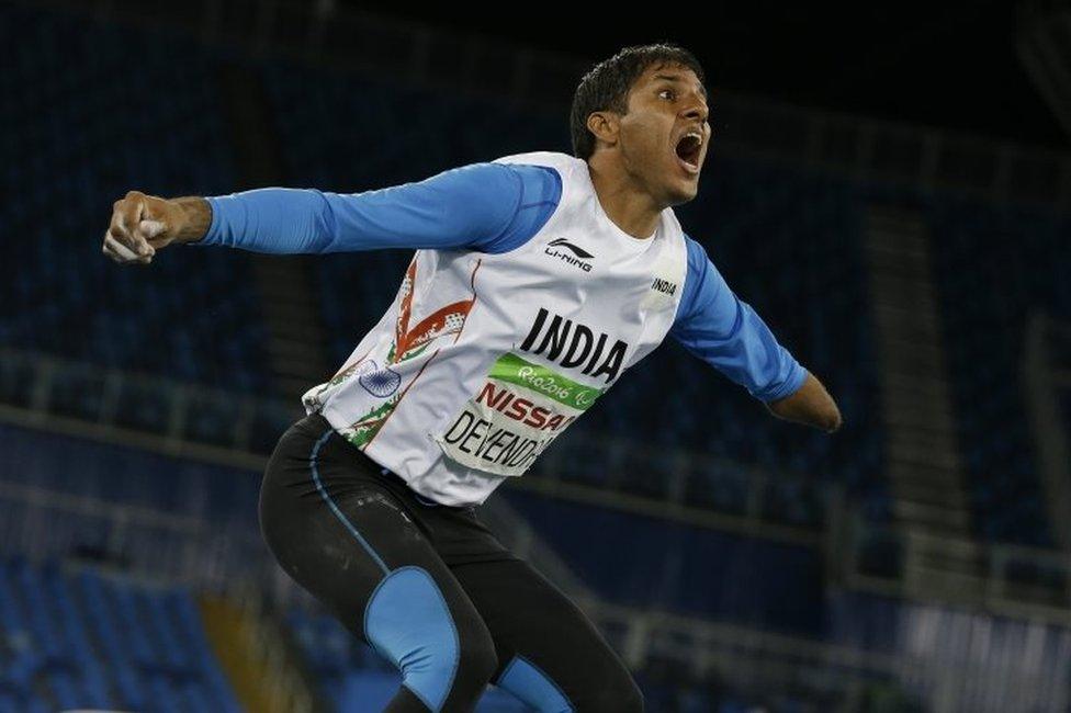 India"s Devendra Jhajharia reacts after his last throw in the men"s javelin throw F46 final of the Paralympic Games in Rio de Janeiro, Brazil, Tuesday, Sept. 13, 2016.