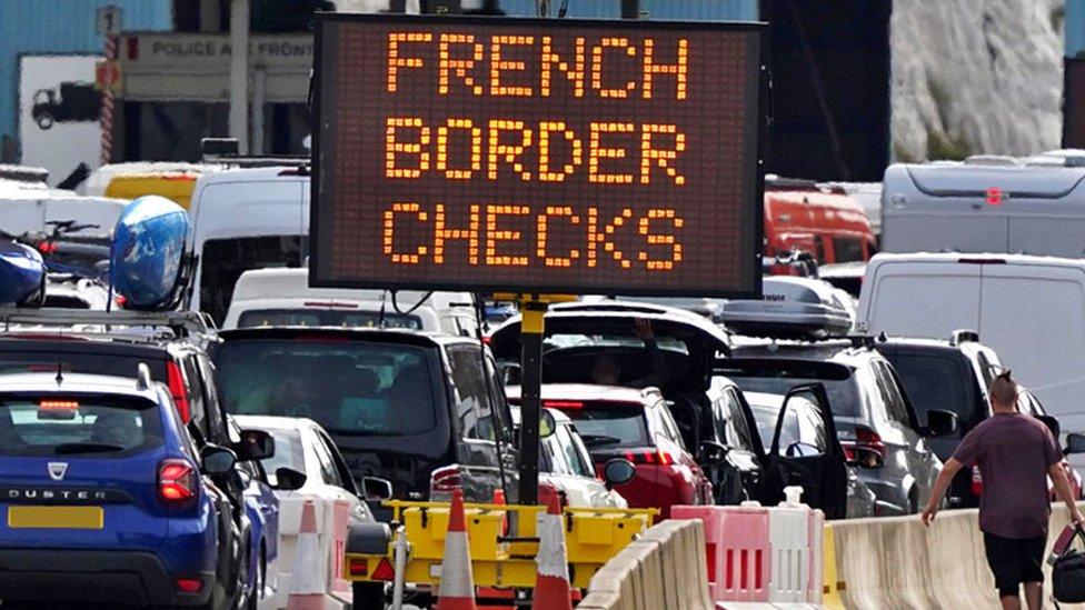 Car queue at the check-in at Dover Port in Kent on 22 July 2022