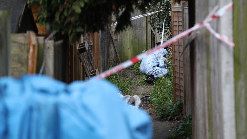 Police forensics officers in an alleyway at the back of properties on Darell Road