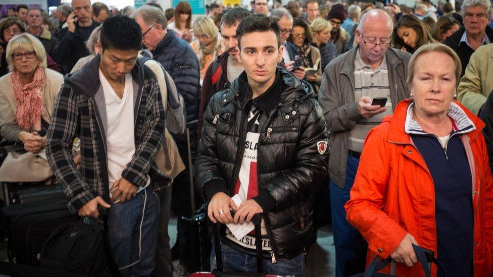 Delayed travellers at Gatwick Airport's North Terminal,