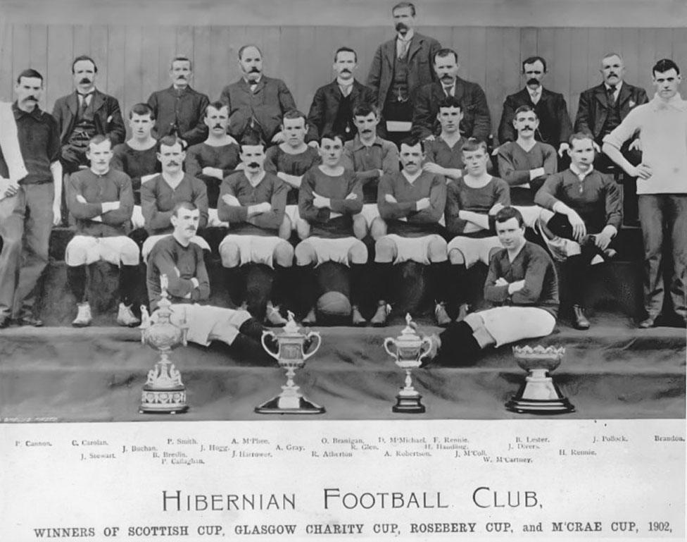 Bobby Atherton, captain of cup-winning Hibernian in 1902, in the front row centre with the ball