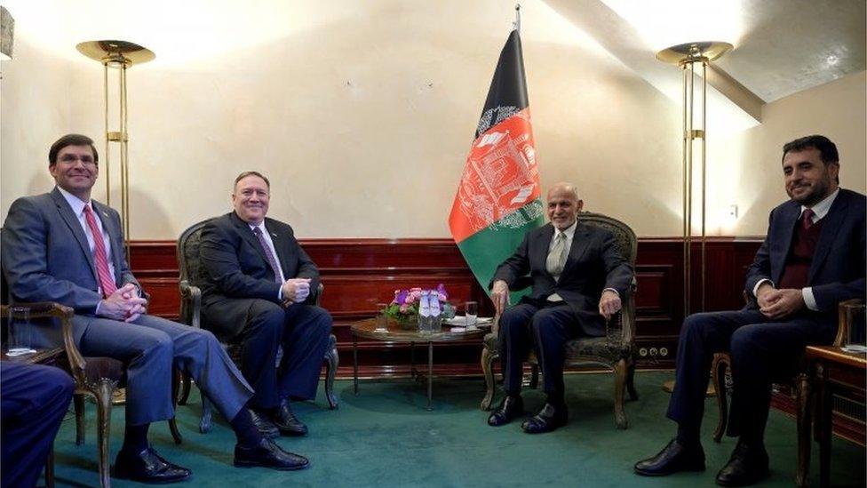 U.S. Secretary of State Mike Pompeo (2nd L) meets with Afghan President Ashraf Ghani, together with U.S. Secretary of Defense Mark Esper (L) and Acting Minister of Defense of Afghanistan Asadullah Khalid (R), during the Munich Security conference in Munich, southern Germany February 14, 2020.