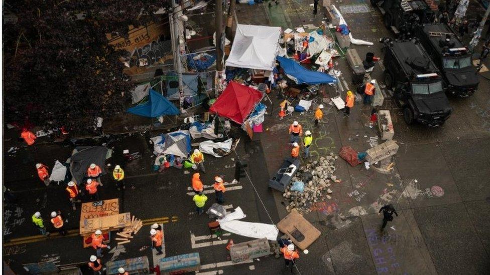 Municipal workers clean up Chop zone in Seattle. Photo: 1 July 2020