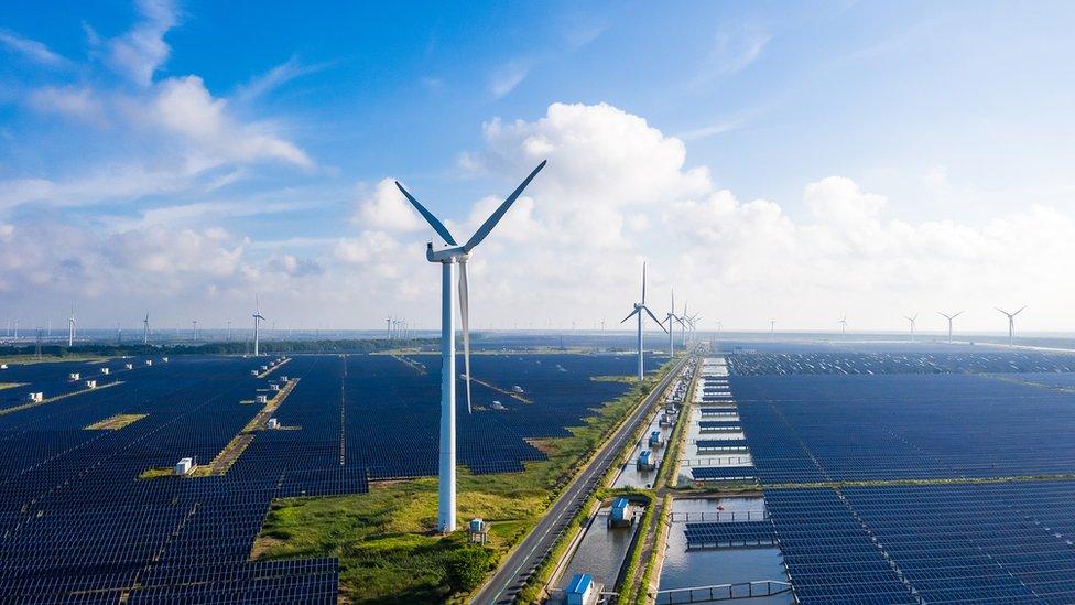 a sea of solar panels and wind farms peppering the horizon