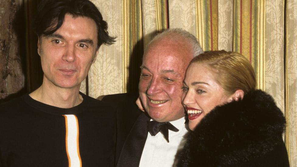 Talking Heads' David Byrne, Seymour Stein and Madonna at the 11th Annual Rock and Roll Hall of Fame Induction Dinner, 1996