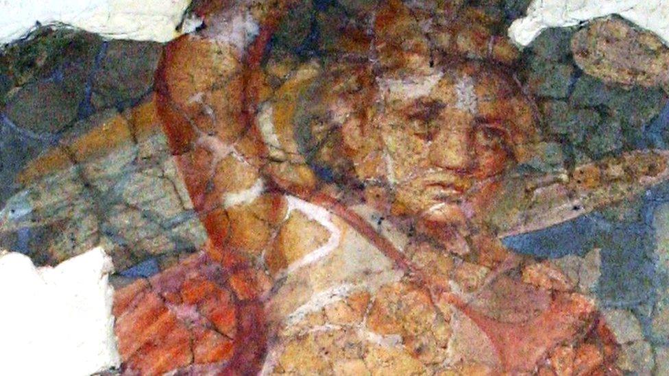 Cupid painting from the ceiling of the villa bath, now on display in Southwell Minster