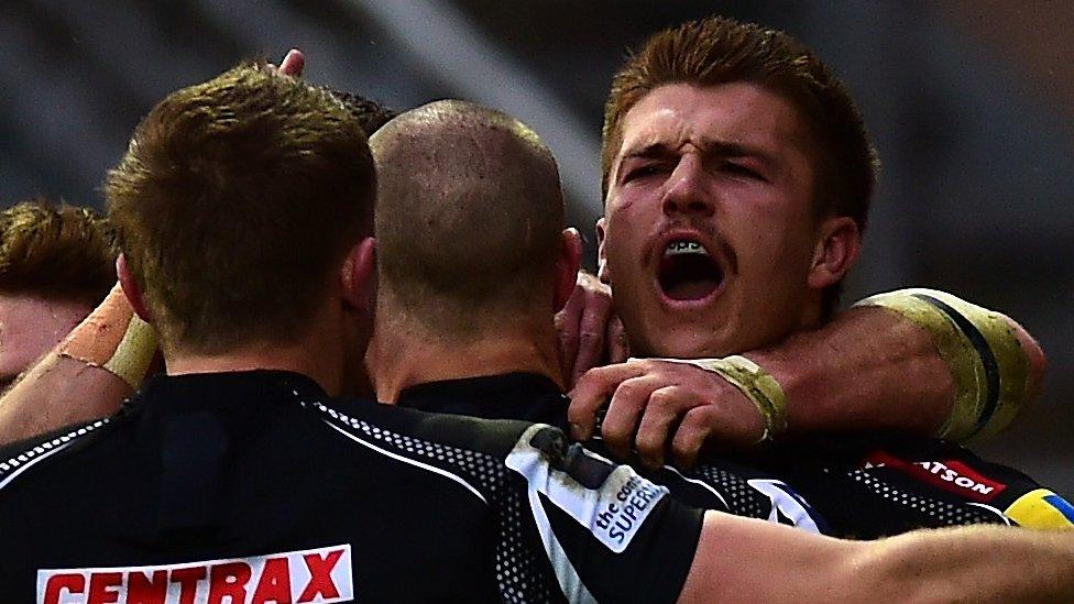 Gareth Steenson and Henry Slade celebrate James Short's first-half try for Exeter