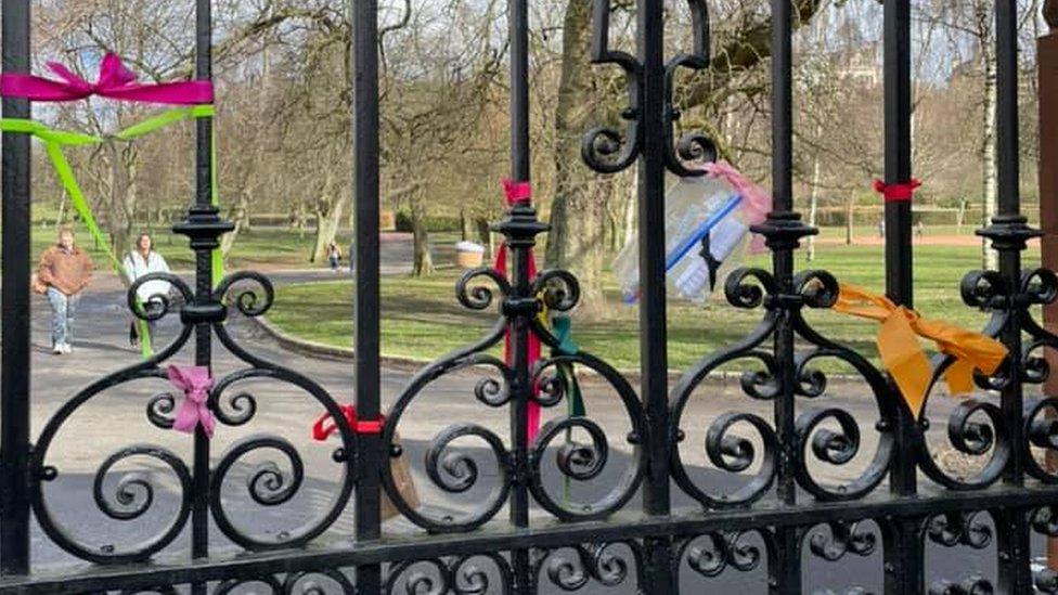 Ribbons tied to railings