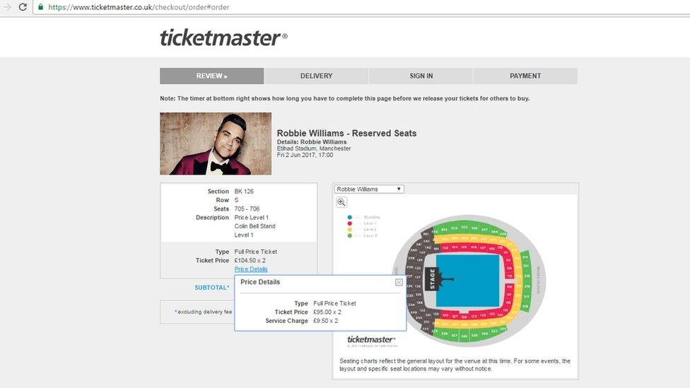 Screen grab of Robbie Williams tickets on Ticketmaster