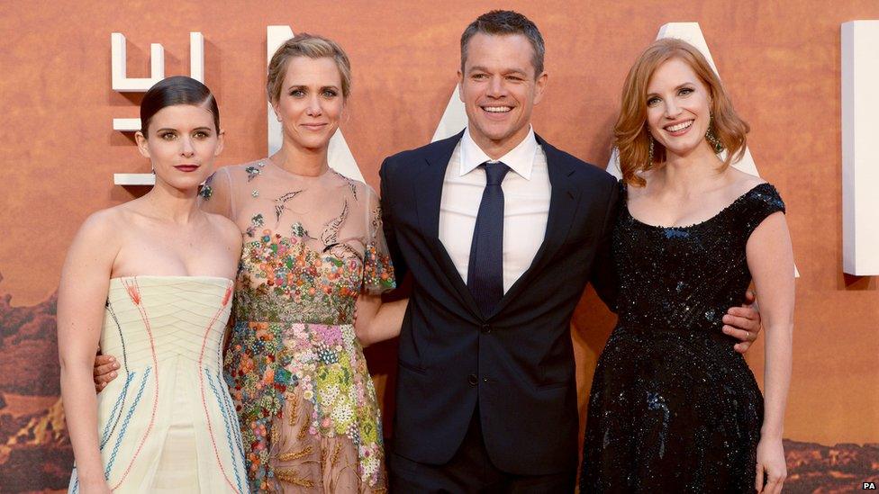 Kate Mara (left), Kristen Wigg, Matt Damon and Jessica Chastain