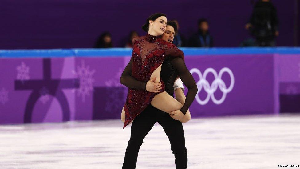 Tessa Virtue and Scott Moir perform during the ice dance segment of the team figure skating event