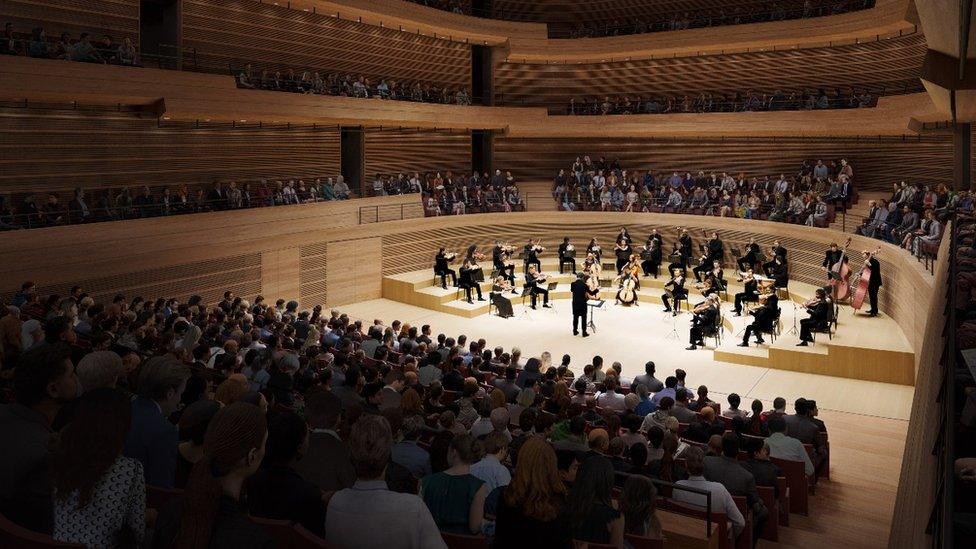 An artist's impression shows what it would look like inside the concert hall