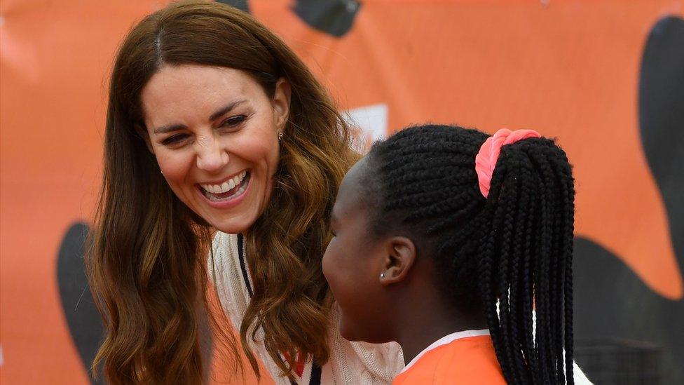 The Duchess of Cambridge with local schoolchildren taking part in the Lawn Tennis Association's youth programme at Craiglockhart Tennis Centre in Edinburgh