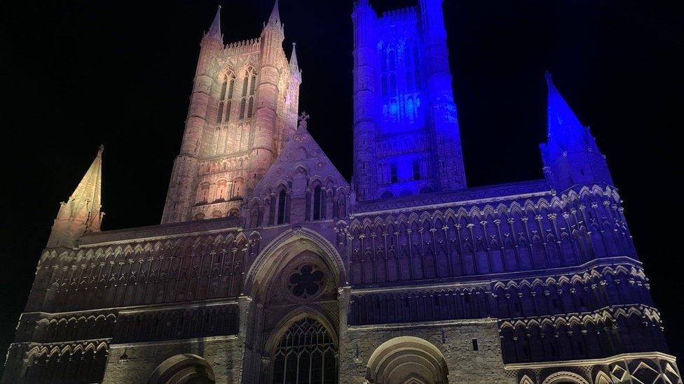 Lincoln Cathedral lit up in the colours of the Ukrainian flag