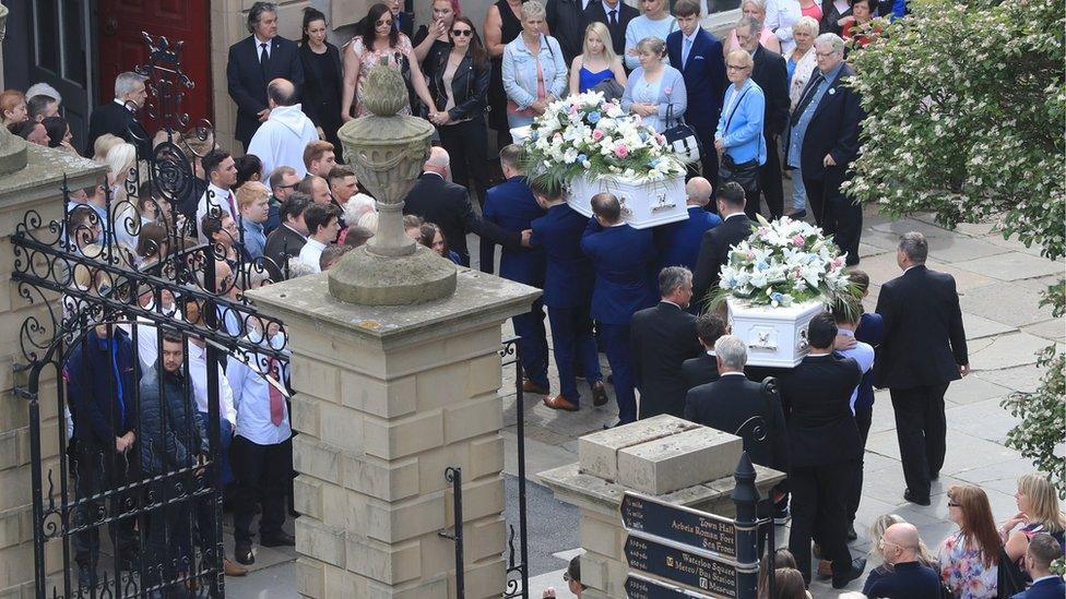 The coffins of Chloe Rutherford and Liam Curry arriving at St Hilda's Church in South Shields