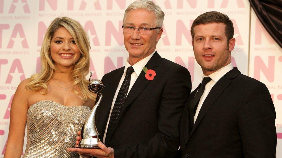 Paul O'Grady with his award for most popular entertainment programme with Holly Willoughby and Dermot O'Leary, at the 2008 National Television Awards at the Royal Albert Hall