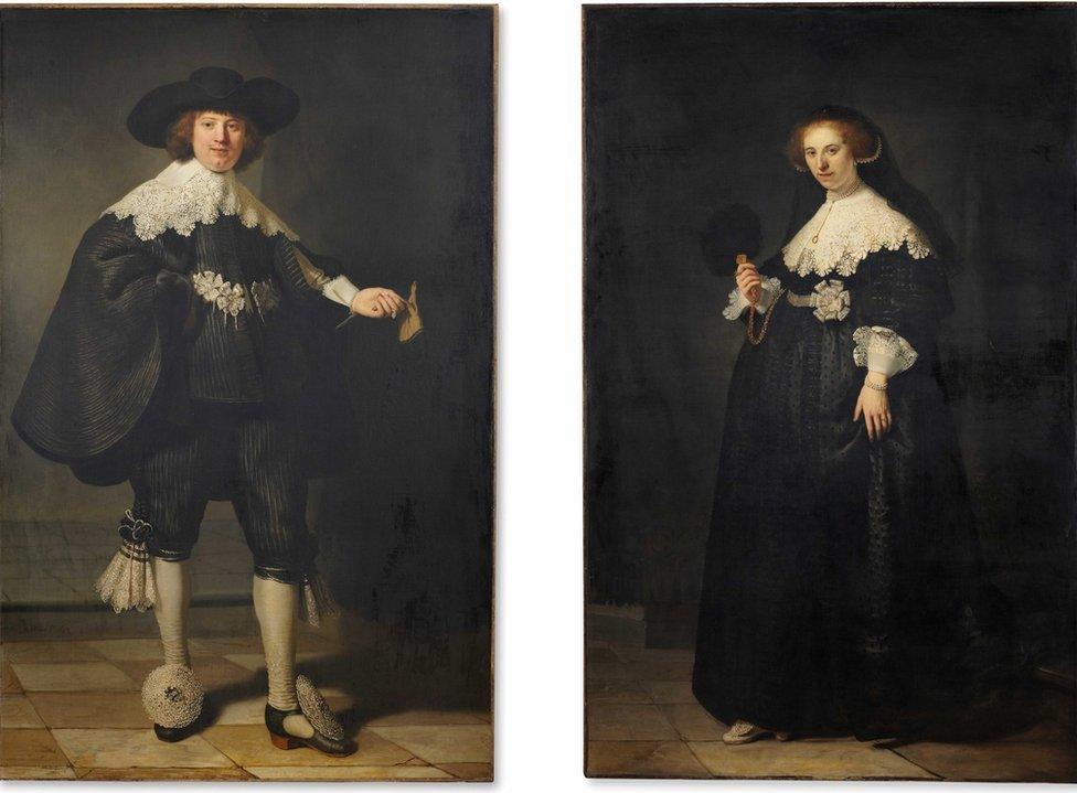 Portrait of Maerten Soolmans (L) (1634) and Portrait of Oopjen Coppit (1634) (R) by Dutch painter Rembrandt