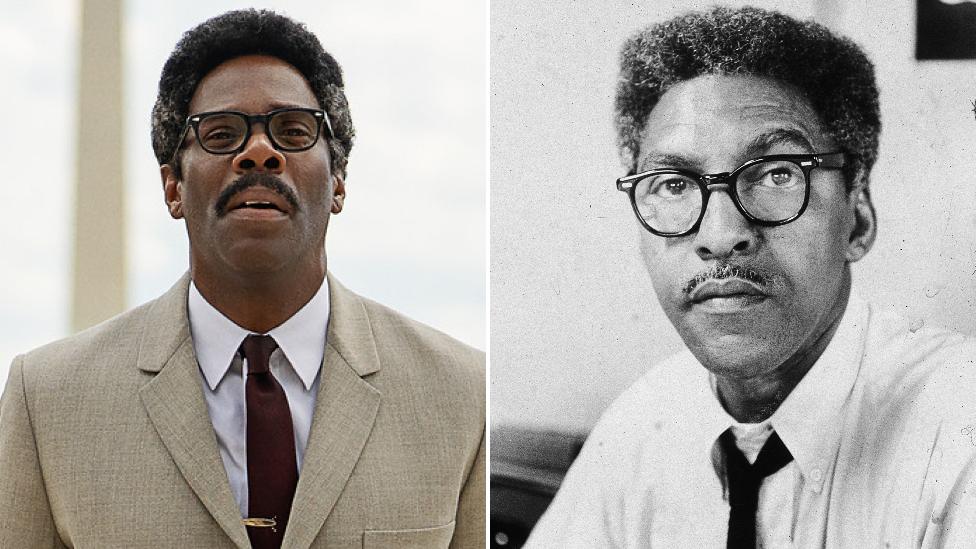 Colman Domingo as Bayard Rustin, and the real Bayard Rustin pictured in 1963