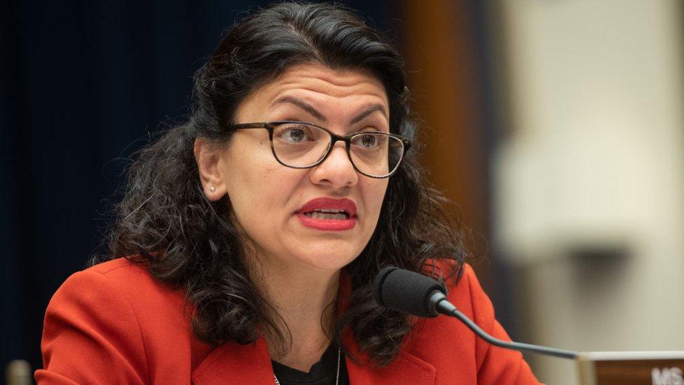 US Representative Rashida Tlaib, Democrat of Michigan, questions US Secretary of Treasury Steven Mnuchin as he testifies during a House Committee on Financial Services hearing on Capitol Hill in Washington, DC, May 22, 2019.