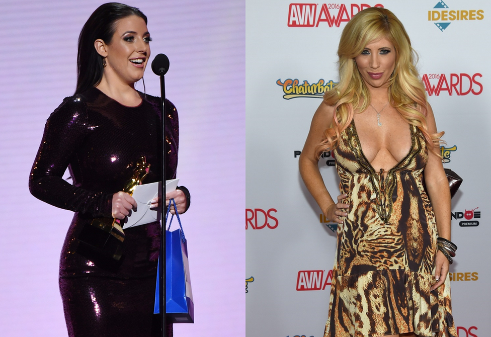 Angela White with her Female Performer of the Year Award; Tasha Reign, chairwoman of the Adult Performer Advocacy Committee