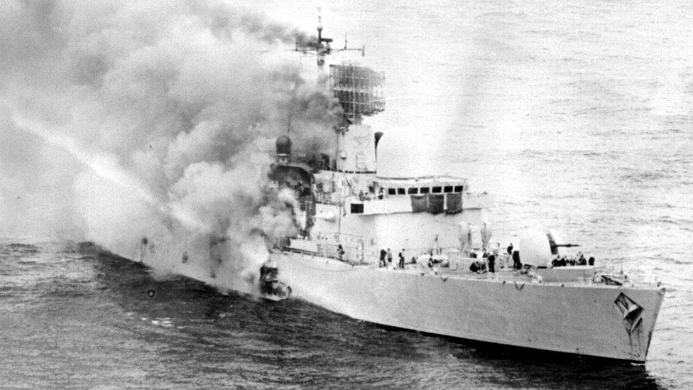 HMS Sheffield on fire