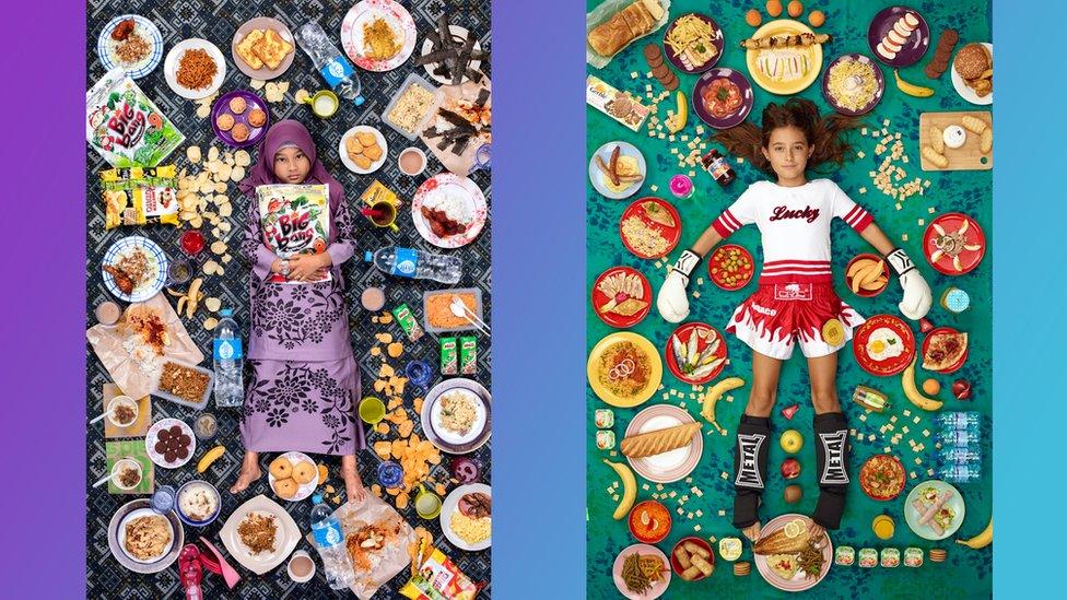 two photos of kids surrounded by food