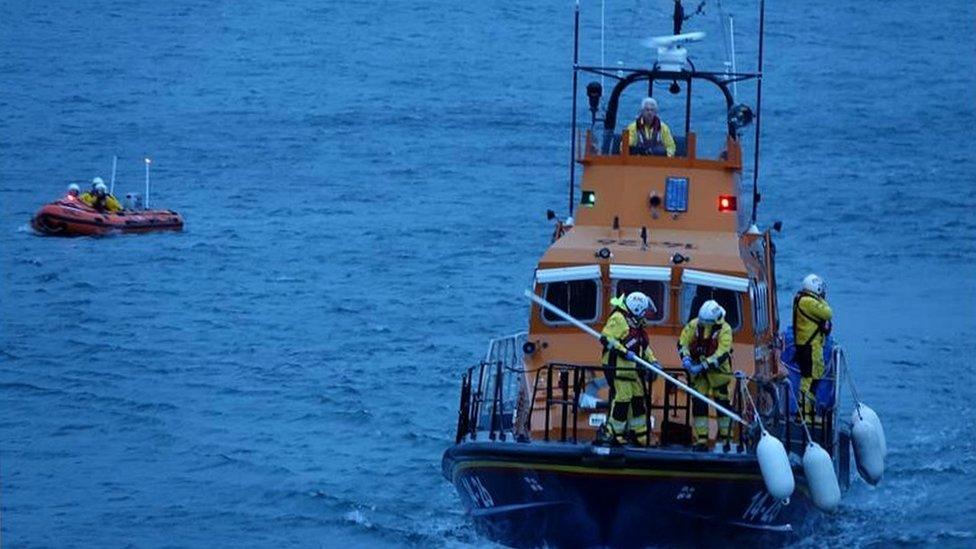 Port St Mary RNLI all-weather lifeboat Gough Ritchie II and inshore lifeboat Spirit of Leicester returning from service