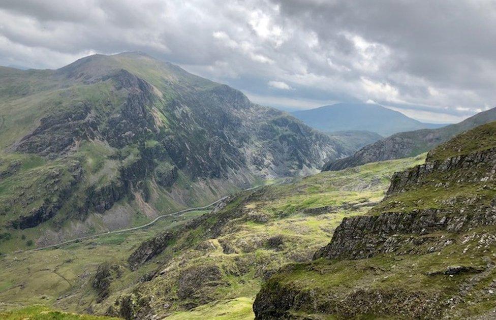 Rocky and green-looking view from the Llanberis trail up Snowdon