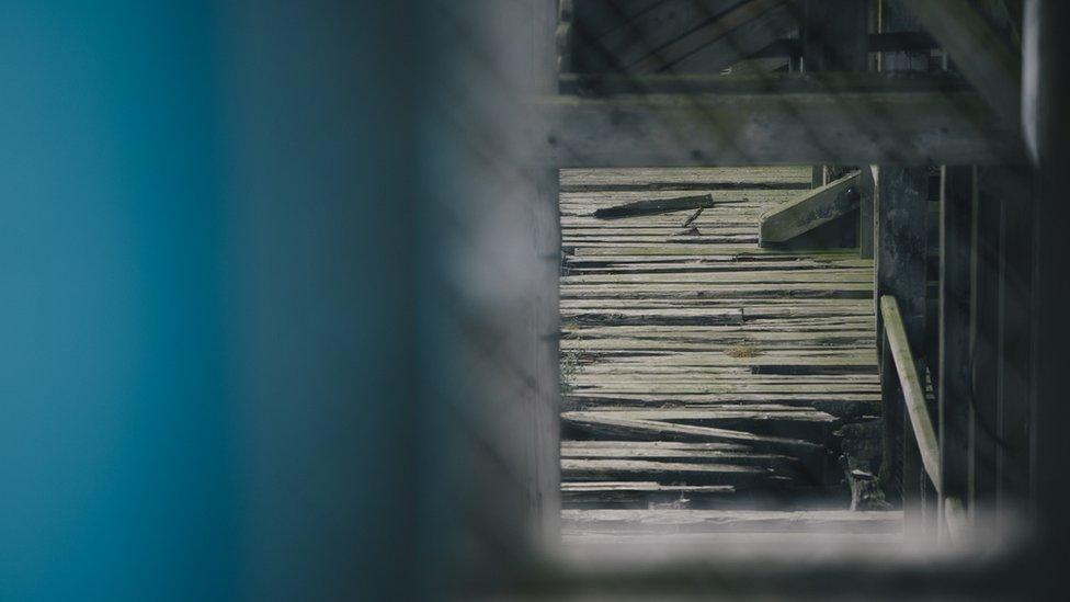 Damaged timber decking at Dunston Staiths