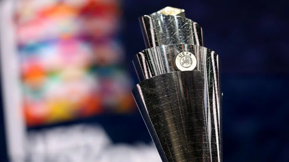 The Uefa Nations League trophy on display during Thursday's draw in Belgium