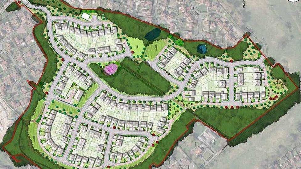 Aerial artist impression of the proposed phase of the housebuilding on the site, showing an estate surrounded by greenery superimposed over an image of the golf course