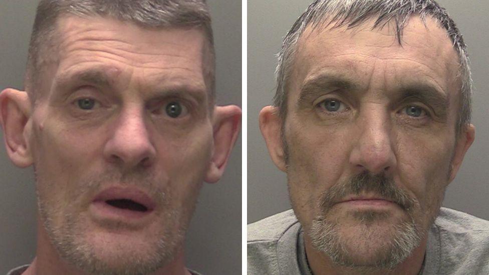 A head and shoulders police images of Ian Smalley and Gavin Leaning. Smalley has short cropped grey-brown hair, blue eyes and a short, stubbly beard. Leaning has short grey-dark hair, blue eyes and goatee beard. Both mean are wearing grey t-shirts.