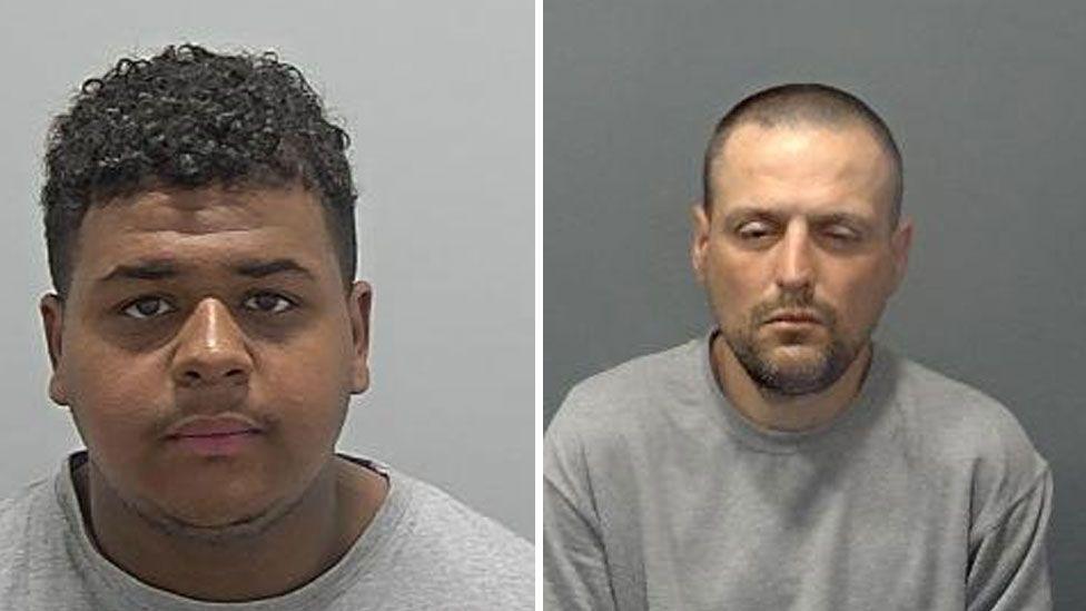 Two police custody photographs of (left) Dylan Myrie and (right) Peter Janoski - both wearing round-neck grey T-shirts
