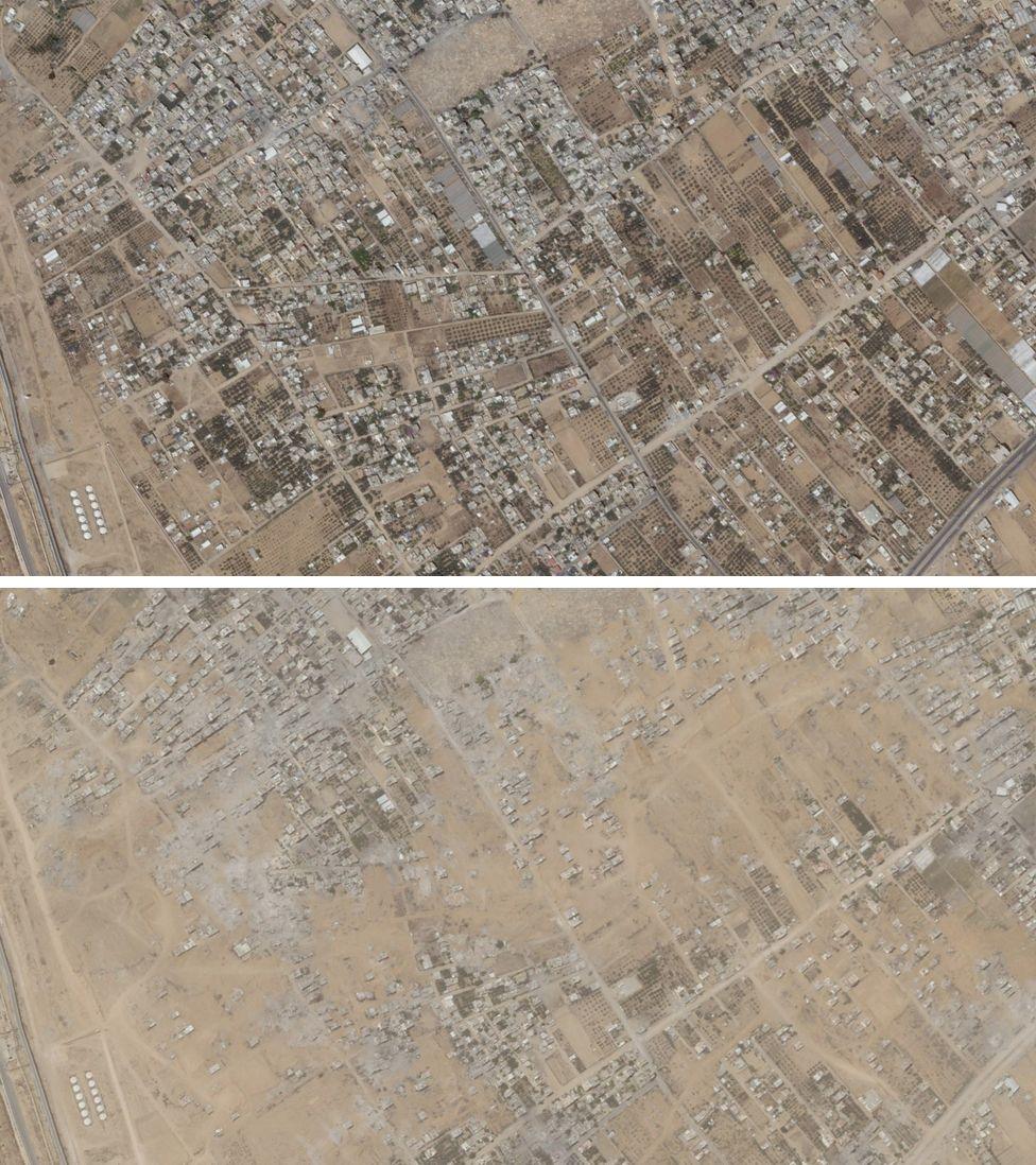 Satellite images show the destruction of buildings just north of the Rafah crossing and a section of the Philadelphi Corridor between 5 May 2024 (top) and 22 May 2024 (bottom)