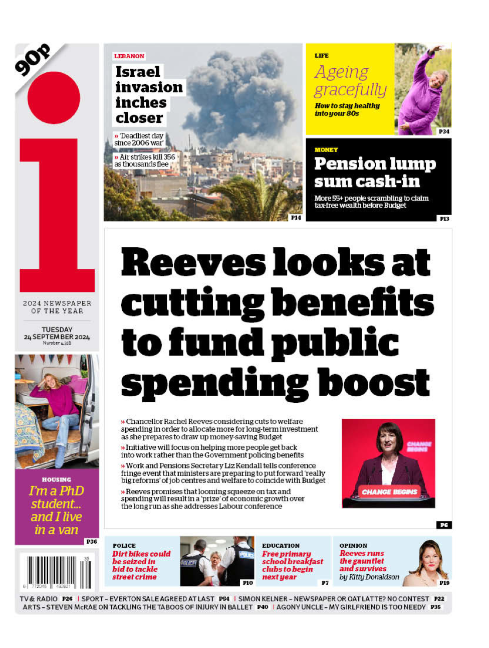 The front page of the i. The headline reads: 'Reeves looks at cutting benefits to fund public spending boost'.