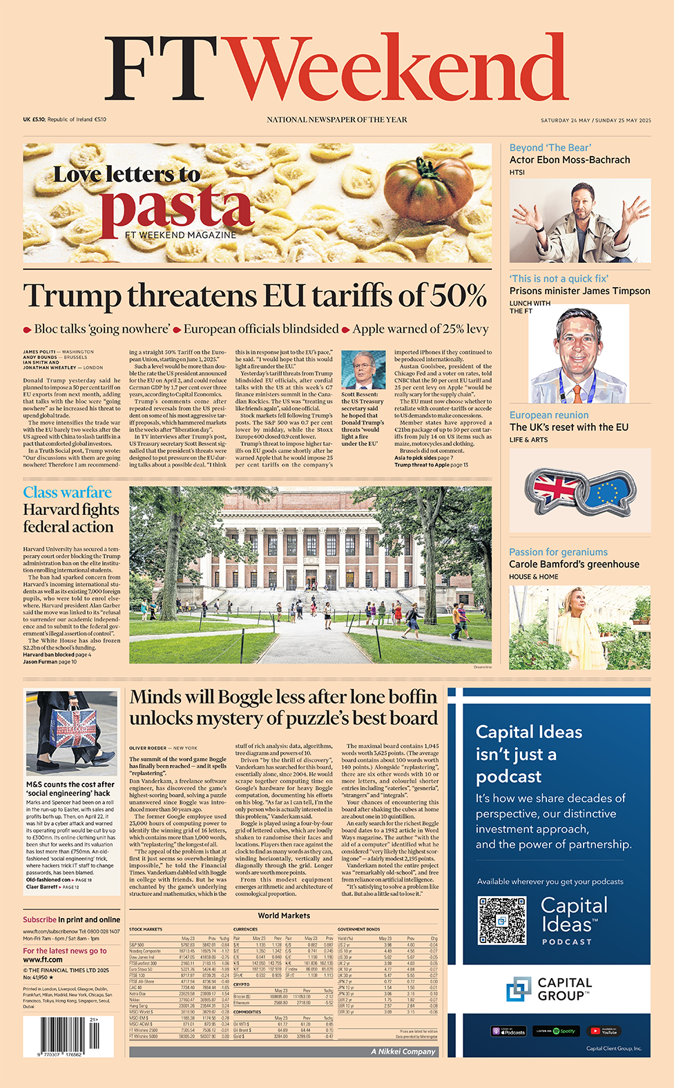 FT Weekend front page with headline "Trump threatens EU tariffs of 50%"