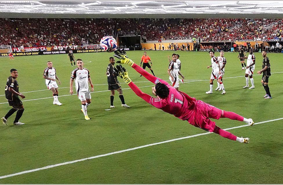 Agustin Rossi of Flamengo dives to make a save during the FIFA Club World Cup match against Los Angeles in Orlando, Florida. Photo by Dan Mullan