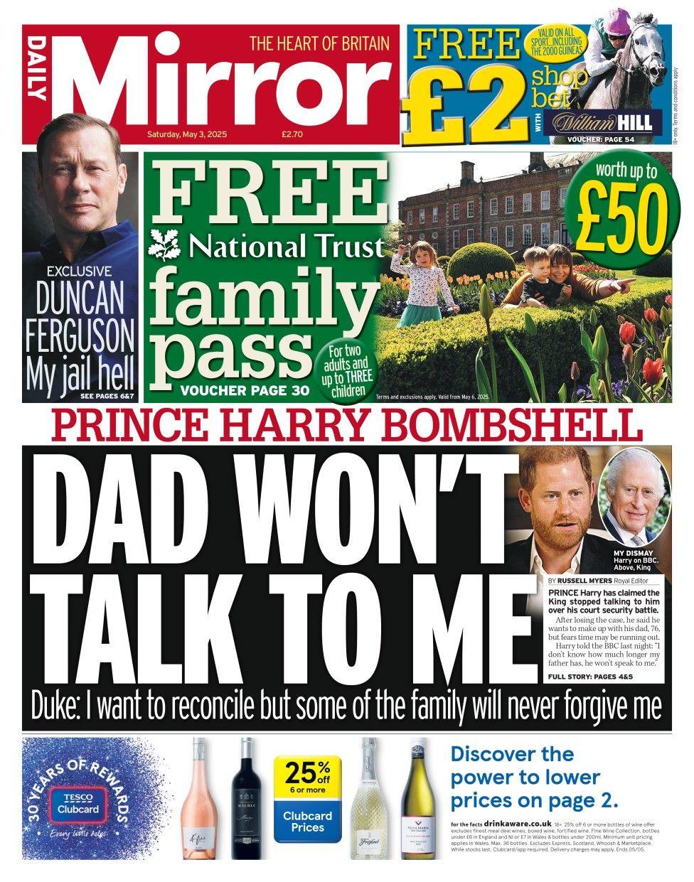 The headline in the Daily Mirror reads: Dad won't talk to me