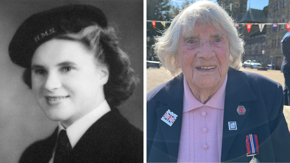 On the left is a black and white photo of a young woman with short curly dark hair and a beret, wearing a white shirt and black tie and jacket. On the right is a photo of the same women at 101 years old, wearing a pale pink blouse and blue jacket with a military medal and pin badges on it. She has white hair and is smiling at the camera, with red, white and blue bunting behind her.