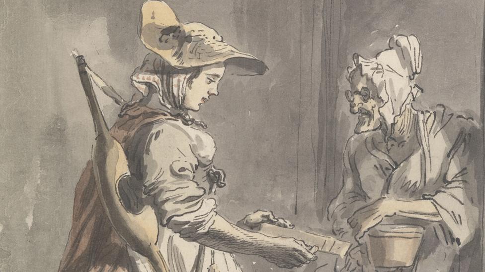 A watercolor of two woman meeting to trade milk. The younger one carries equipment and seems to be measuring something. A very old, frail-looking woman looks on, carrying a pot.