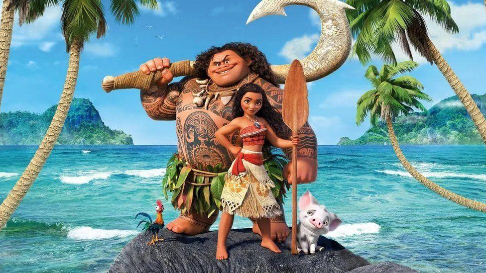 The animated Moana movie with Maui, Moana, Heihei and Pua