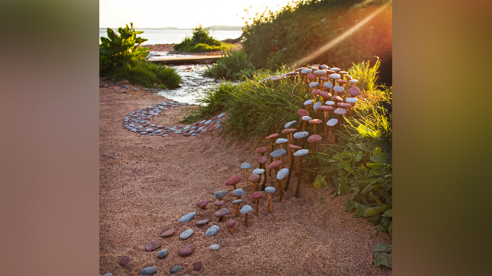 A pattern of pebbles that wind over sand and grass like a mini path, with water in the background and the glint of the sunshine. 