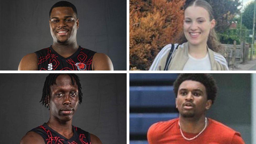 (Clockwise from top left) TJ Hibbert in his basketball top for a team portrait, Eva Darold-Tchikaya smiling while standing in front of an orange bush, Makyle Bayley in red clothing on a basketball court and Daljang Wol, also in his basketball kit in a team portrait.