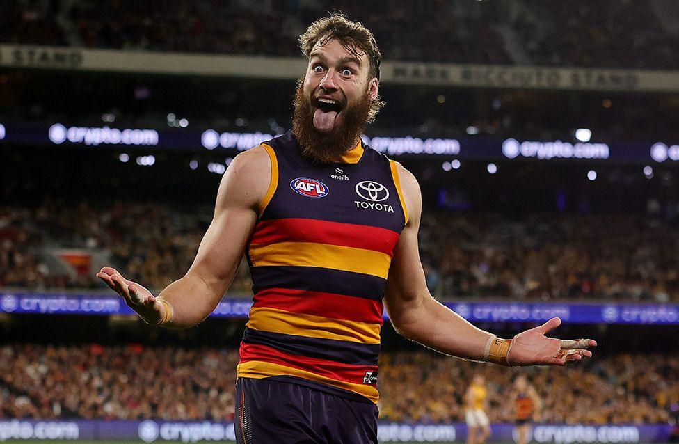Adelaide's Riley Thilthorpe celebrates a goal during the AFL first semi-final against Hawthorn. Photo by Sarah Reed