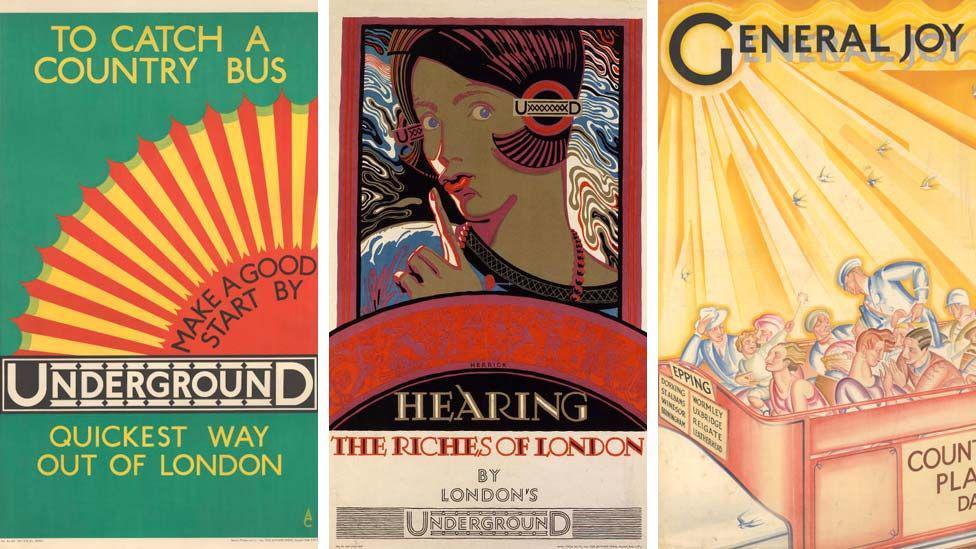 A composite of three posters.
Left: A poster using green, yellow and orange, it appears to symbolise sunshine and has the word 'Underground' in the middle.
The other words read: "To catch a country bus...The quickest way out of London."
Middle: An image of a woman with a 1920s hair style holding a finger to her mouth. The text reads: Hearing the riches of London
Right: An image depicting a group of people enjoying a ride on the deck of an open top bus. The text reads: General joy.