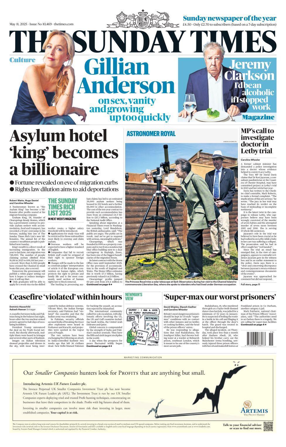 Sunday Times front page on Sunday 11 May 2025